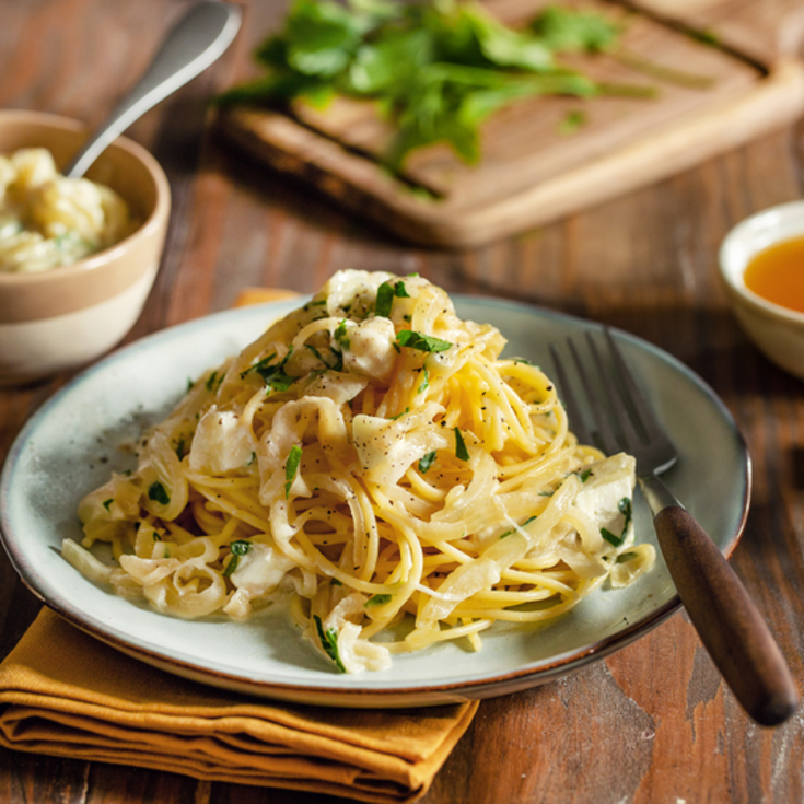 Spaghetti with Goat Cheese and Honeyed Caramelized Onions