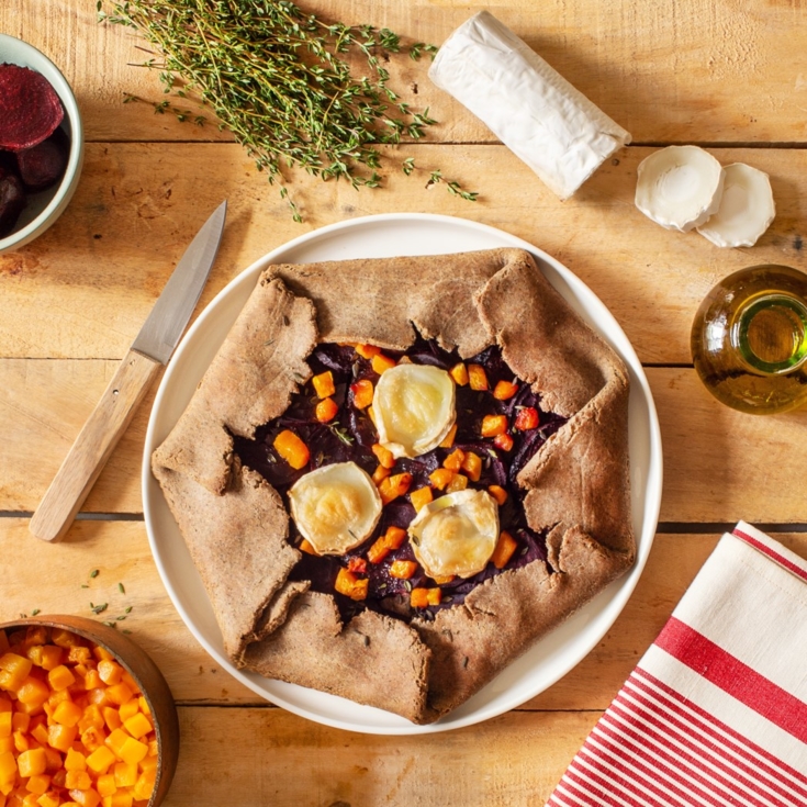 Rustic fall galette and aged goat cheese log