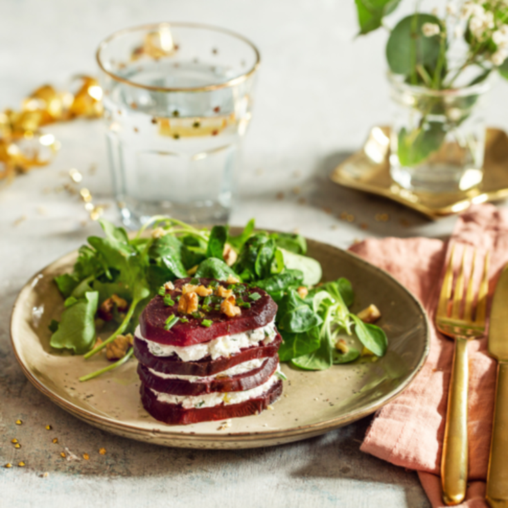 Beet and goat cheese layered puff pastry