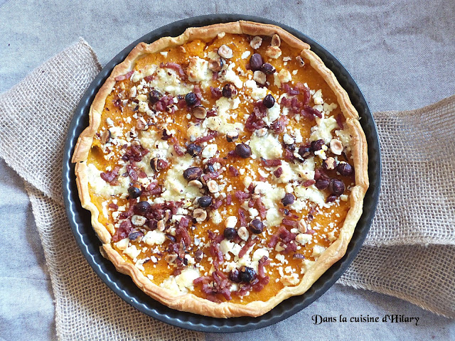 Autumn tart with butternut squash, goat cheese, bacon and hazelnuts